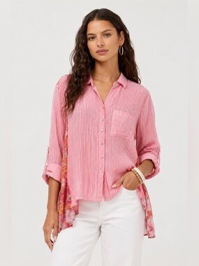 Vincente Linen Button Down Long Sleeve Shirt Mixed Pattern Floral Large 333